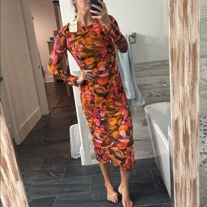 FARM Rio floral orange rouched midi dress